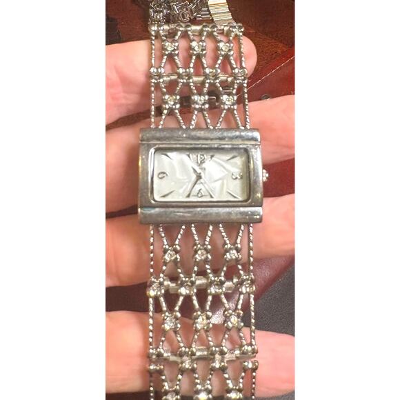 Women's Almas Watch, Wide Bracelet Band Silver Tone with Rhinestones, MOP Face - Picture 1 of 4